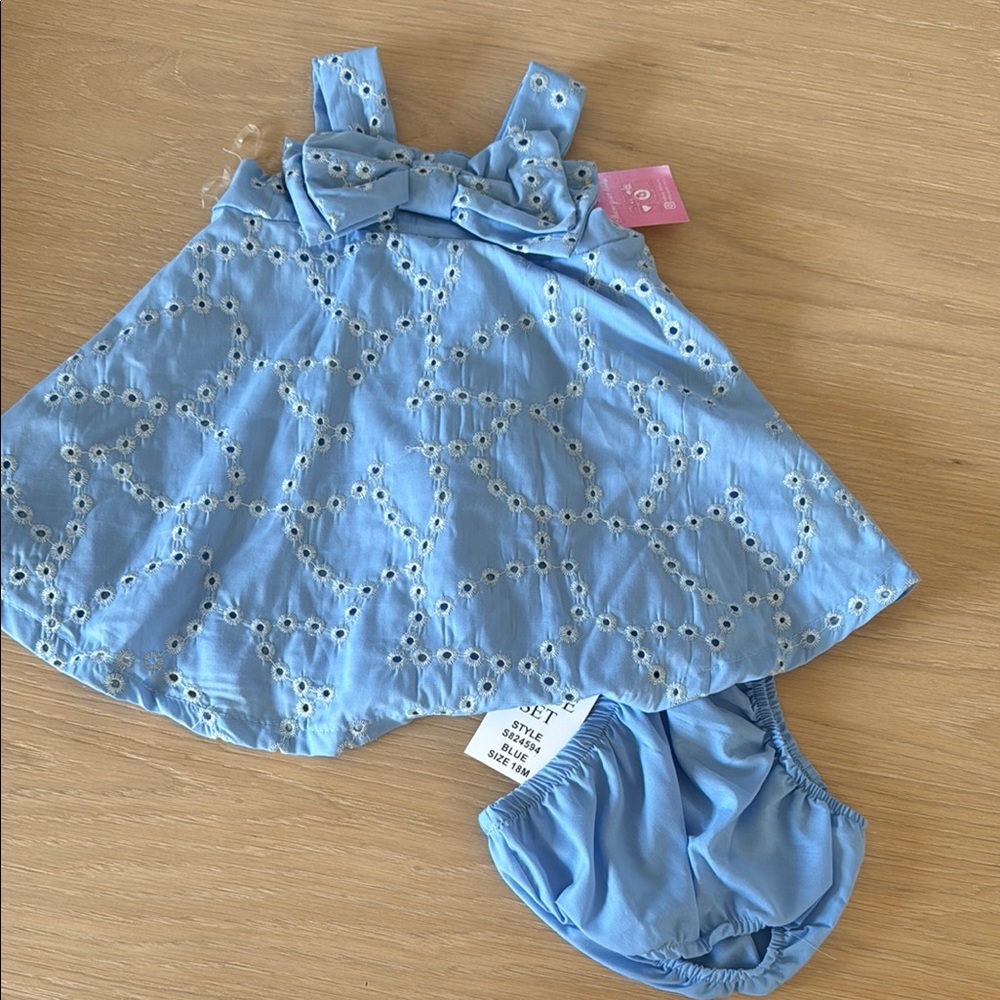 3x35 Rare Editions Blue Eyelet Dress with Bloomers